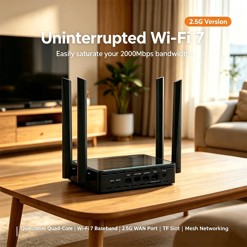 WiFi7 Router Qualcomm Quad-Core MLO Dual-Band Aggregation 2.5G WAN TF Slot Hybrid Mesh Remote Wake-on-LAN