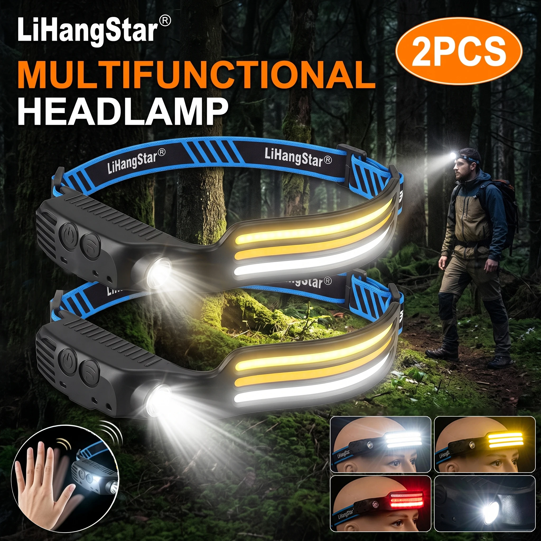 LiHangStar, lampada frontale ricaricabile con 2 pezzi e 3 LED COB, dotata di faretto laterale, torcia a LED ad alta luminosità, luce bianca + luce bianca calda + luce rossa, batteria integrata, 5