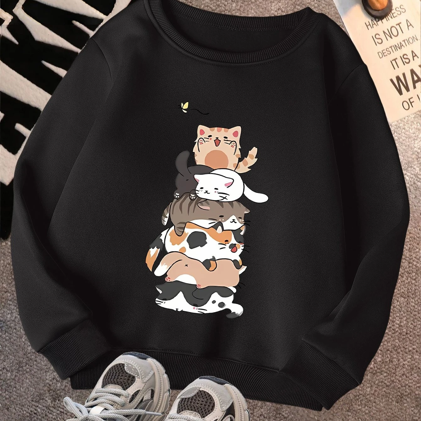

Cartoon Fun Cat Pattern Print Autumn and Winter Men's and Women's Long Sleeved Sportswear Casual Loose Outdoor Street Sports
