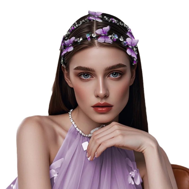 

Новая женская повязка на голову в стиле феи с фиолетовыми бабочками, ручной работы, с кристаллами, изысканный аксессуар для волос для вечеринок