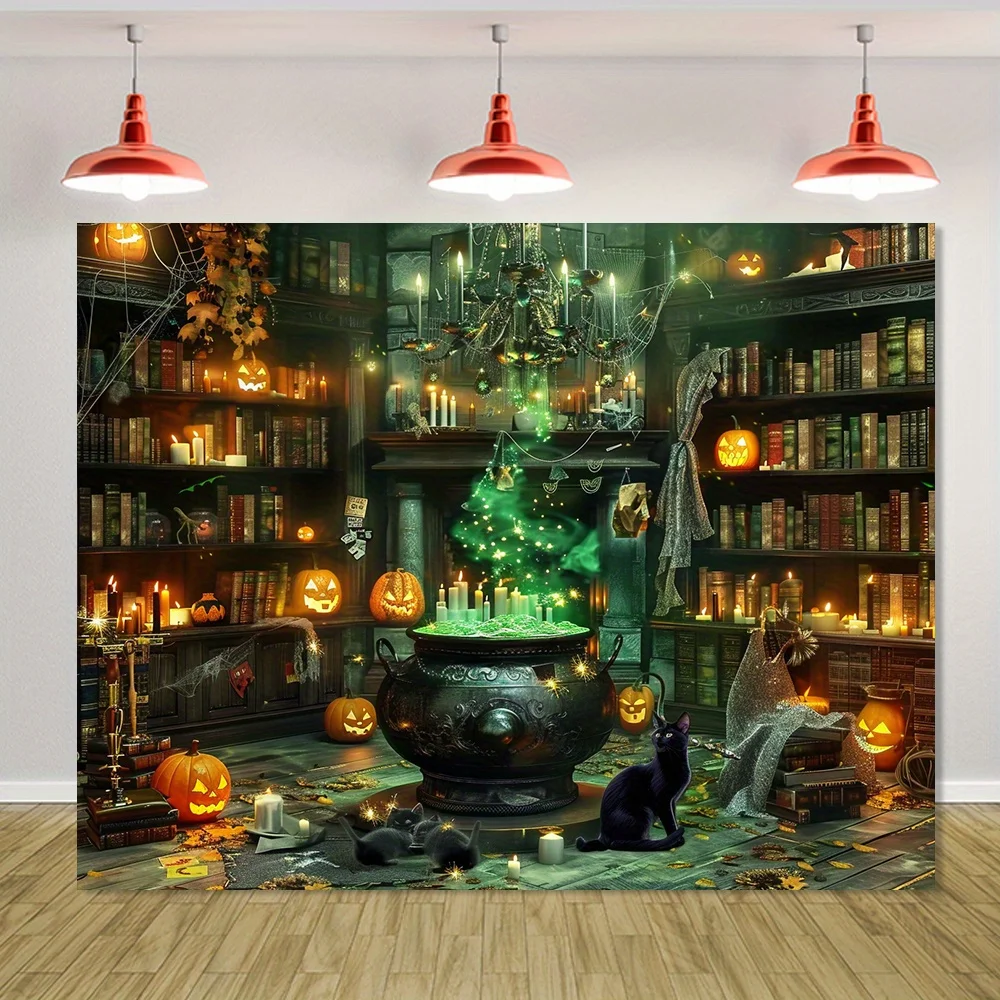 2D-Flachbanner 1PC Halloween an der Magic Library, Szenen des großen Topfes der Hexe, Kürbislaternen und Zauberbücher
