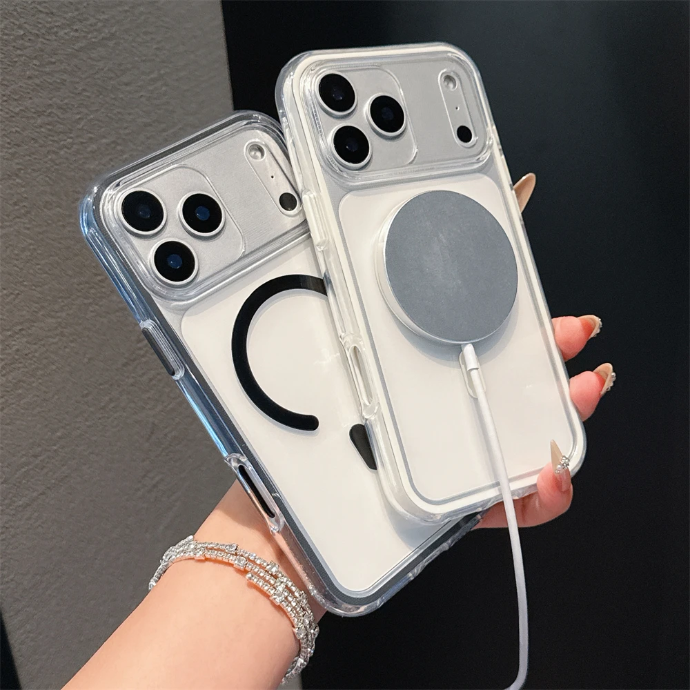 2 في 1 حافظة هاتف شفافة مغناطيسية لهاتف آيفون 17 برو ماكس 16 15 بلس 14 13 12 11 لأجهزة هوائية Magsafe غطاء شفاف مقاوم للصدمات