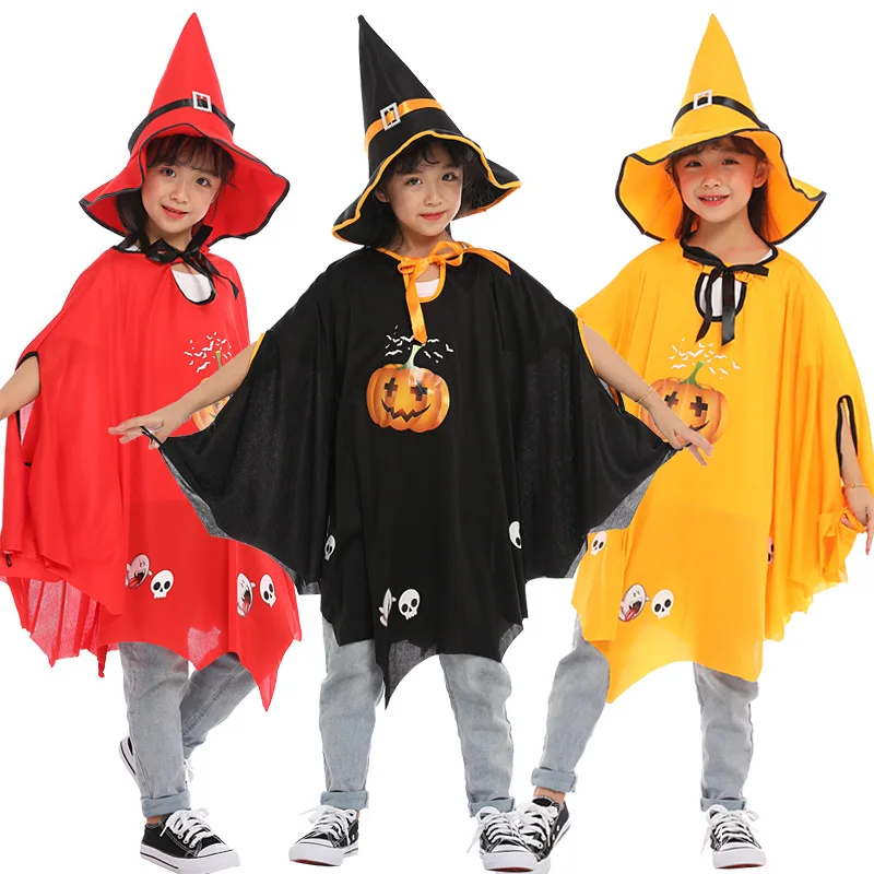 Halloween Children's Cloak Witch Cosplay Dress Up Costume Pumpkin Print Cape with Hat Sets for Kids Boys Girls Party Clothes