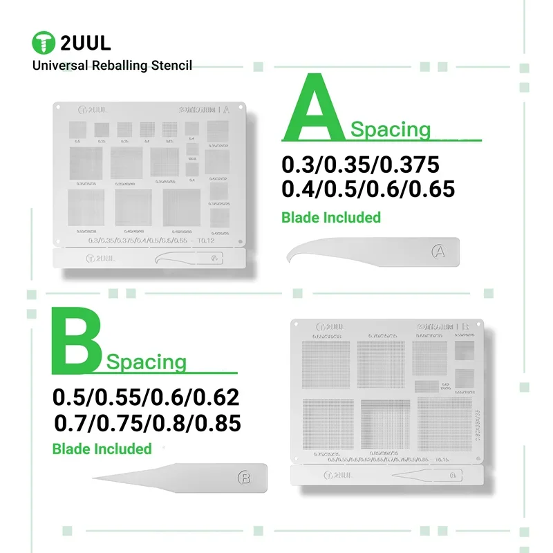 

2UUL BG02 Universal Multi Function BGA Reballing Stencil 0.3-0.85mm Spacing For CPU NAND WiFi Power IC Planting Tin Template