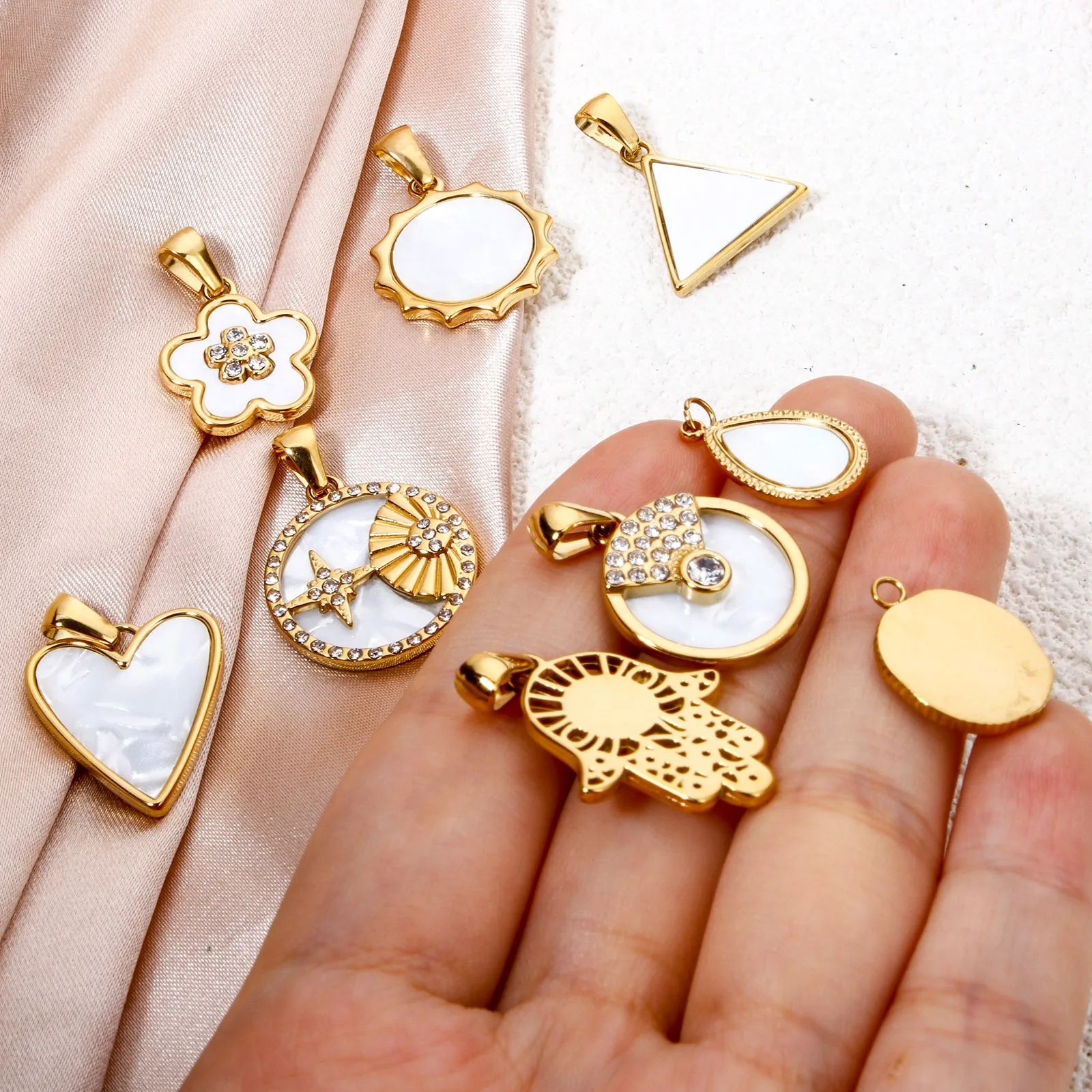 1 Piece 304 Stainless Steel & Natural Shell Charms Gold Plated Sun Star Flower Pendants For DIY Necklace Jewelry Making - view 3