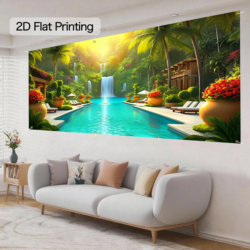 1pc Jungle Waterfall Garage Door Banner 13x6FT Vibrant Tropical Pool & Waterfall Backdrop for Resort-Themed Parties, Room Decor