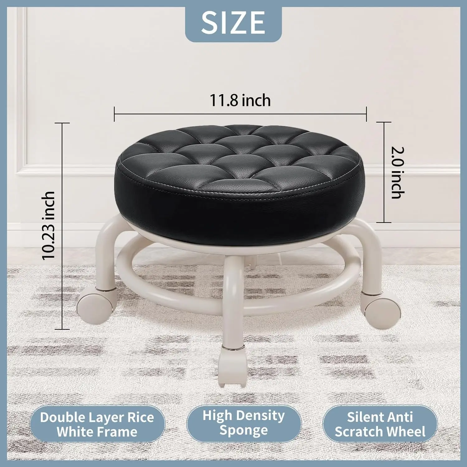 360 Rotating Low Stool with Wheels PU Leather Low Stool Home Pulley Low Stool Sofa Stool Small Chair for Nail Salon Pedicure SPA