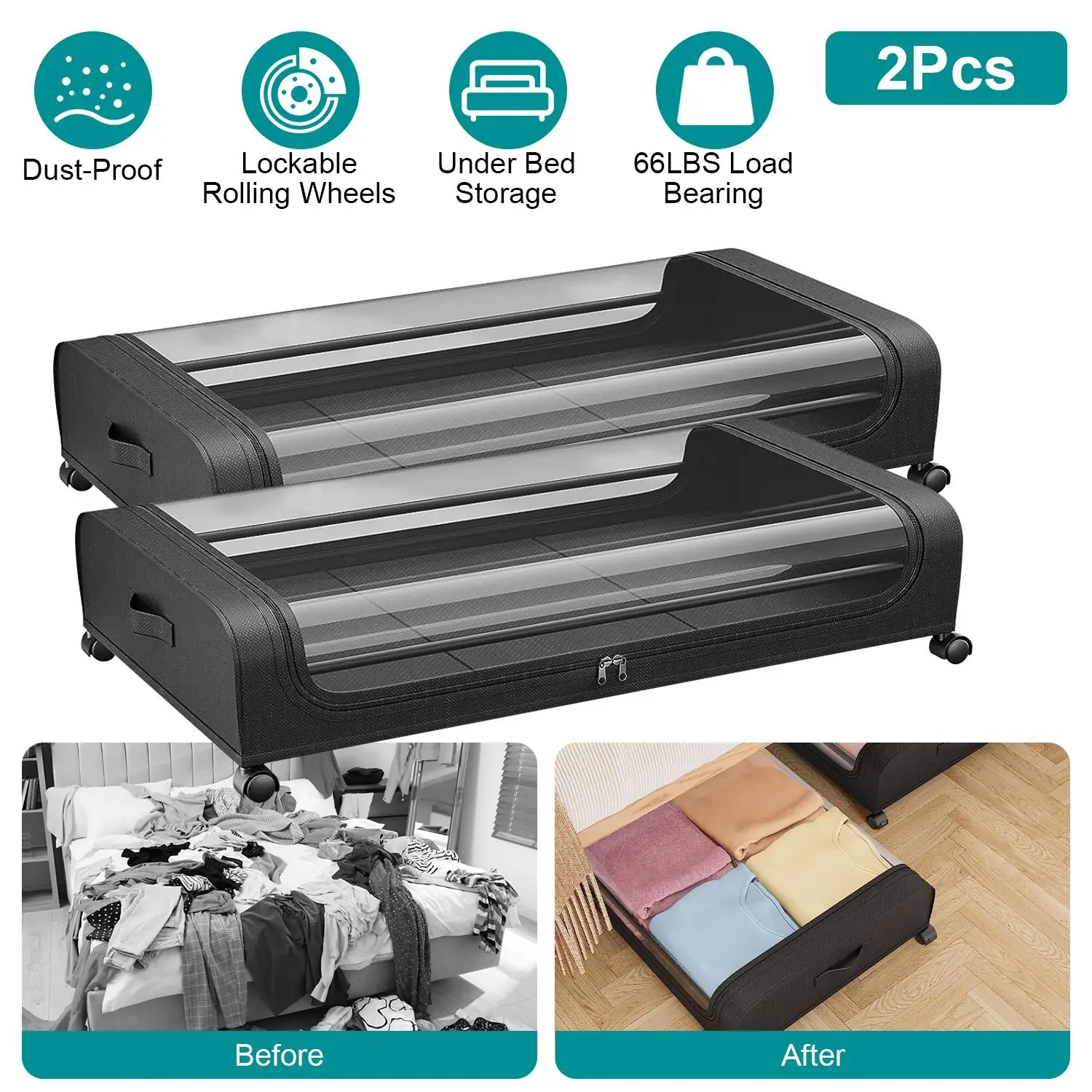 2Packs Under Bed Storage Containers Rolling Clothing Organizer 42L/11Gal Under Bed Drawers with Clear Lid 360° Lockable