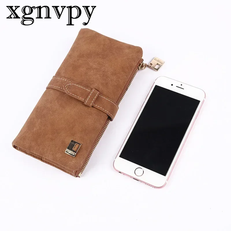 XGNVPY Korean version fashion solid color retro matte ladies mid length multi card wallet buckle two fold hand grab wallet