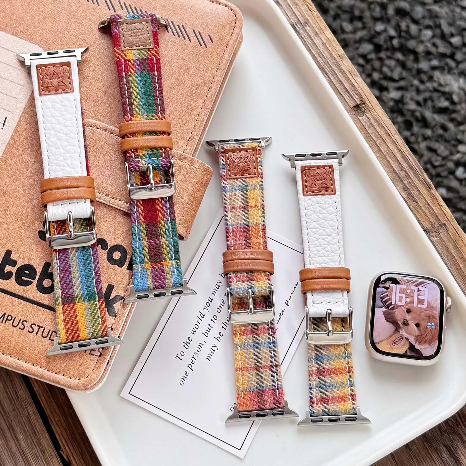 

Rainbow grid dual tone leather strap for Apple Watch Ultra 49/46/45/44/42/41/40/38mm girls' gift for iwatch series S11 S10 S9 S8