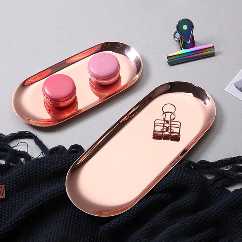 Rose Gold Metal Storage Tray Chic Mirror Plating Process Oval Organizer Trays Simple Table Snack Cake Dish Jewelry Display Plate