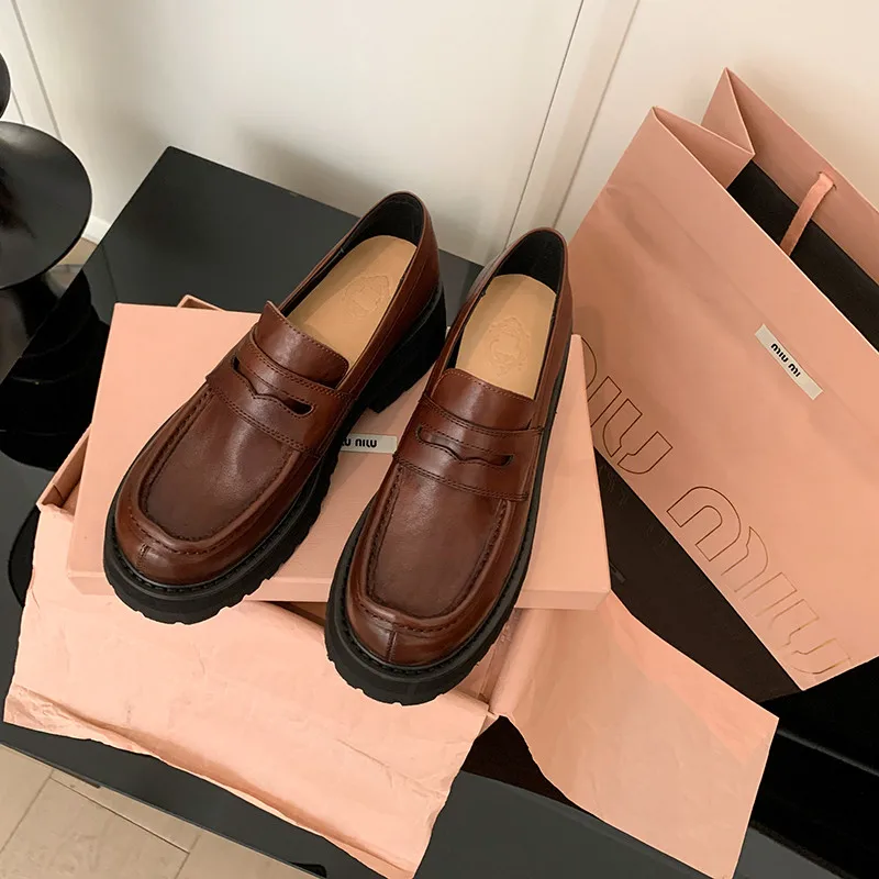 

MKKHOU Fashion Women's Shoes New High Quality Genuine Leather Shoes Round Head Thick soled Shoes Loafers Shoes Lolita Shoes