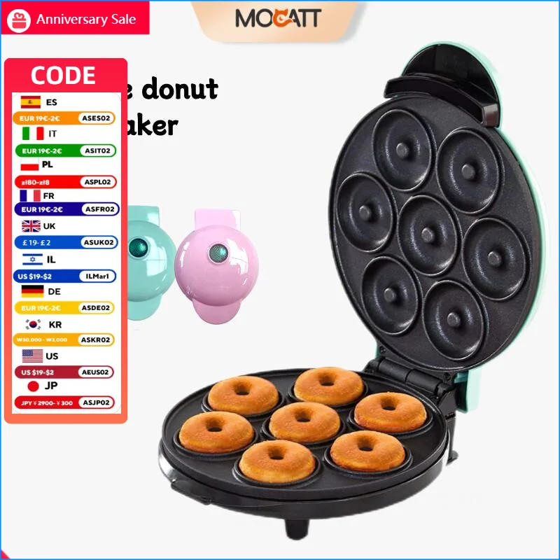 MOCATT Máquina para hacer rosquillas multifuncional de 7 orificios, adecuada para hornear en casa, desayuno en la cocina, gofres, postres, sándwiches y tostadas
