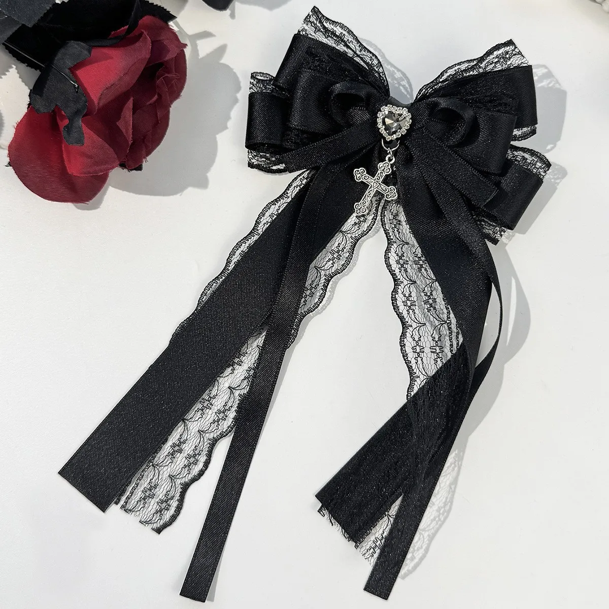 Gotische Schwarz-Rote Spitzen-Satin-Haarspange mit Vintage-Strass-Quaste, Lolita-Haaraccessoires für Alltag, Party und Hochzeit – Detail 12