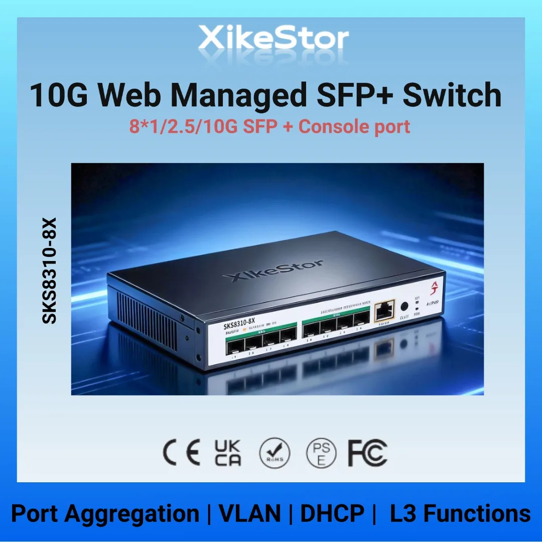 XikeStor 8포트 올 10G SFP+ 레이어 3 관리 허브 10기가비트 네트워킹 지원 VLAN/링크 통합 샤오미와 호환 가능