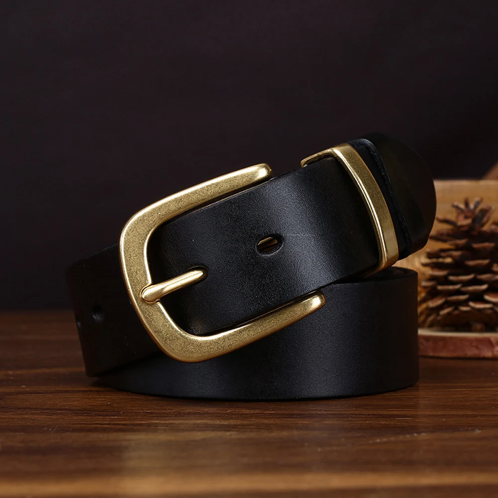 3.8CM Men's minimalist retro thick top layer cowhide pure copper buckle buckle denim belt