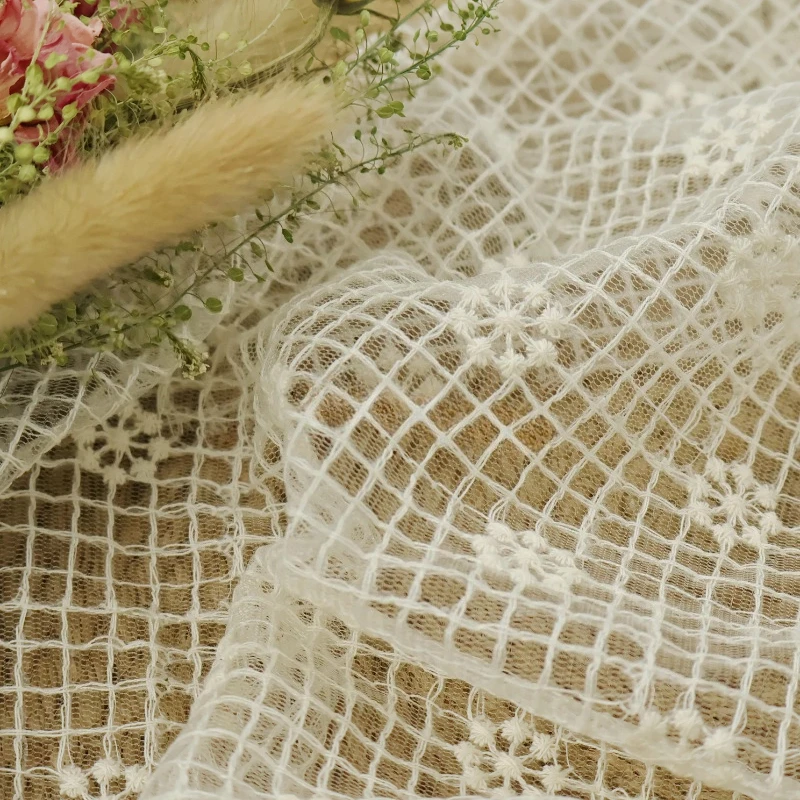 Beige Embroidered Mesh Tulle Fabric Tiny Gingham Floral Pattern Sheer Soft Lightweight for Skirt Tablecloth Fabric for Sewing