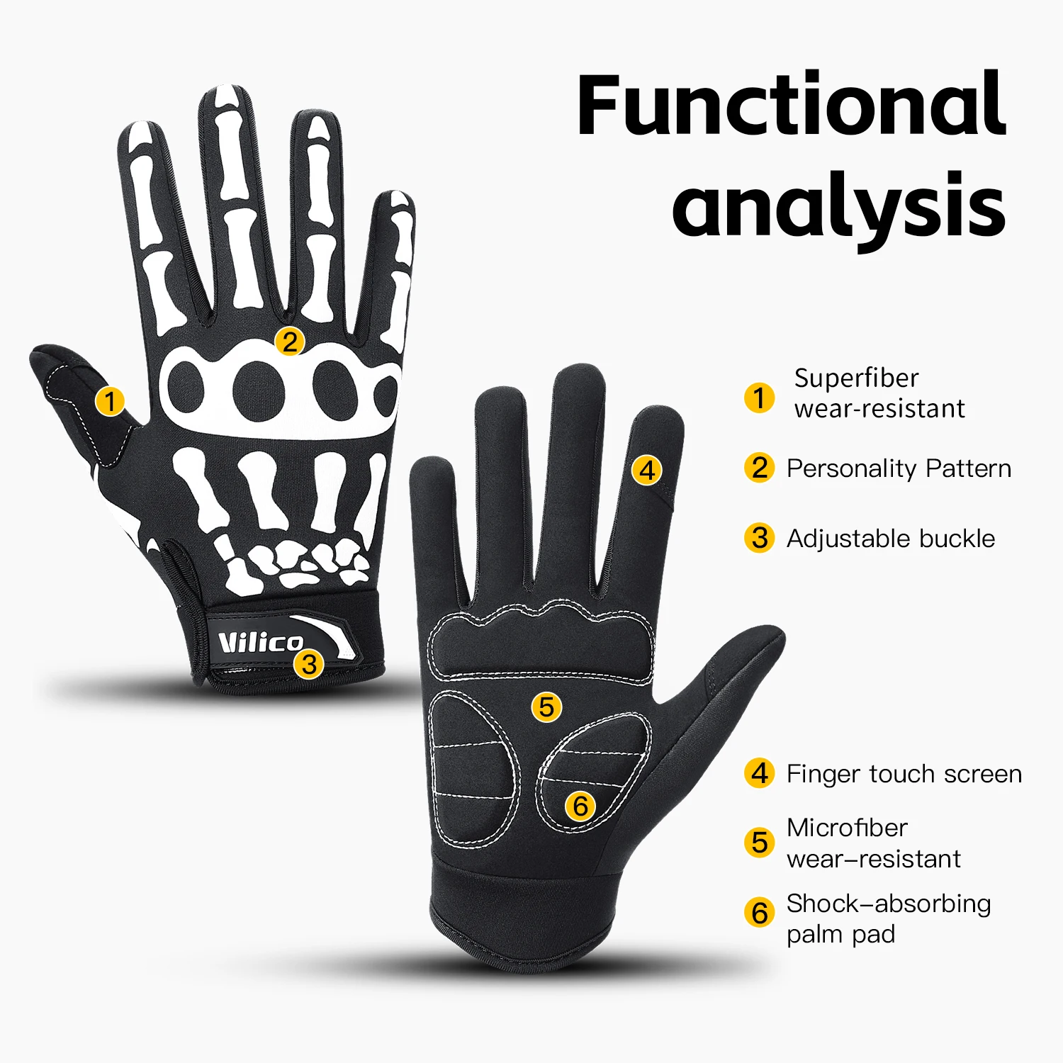 

Cycling Gloves Full Finger Shock Absorbing for Outdoor Road Mountain Bike Riding Sports Touch Screen Wear Resistant Skull Design