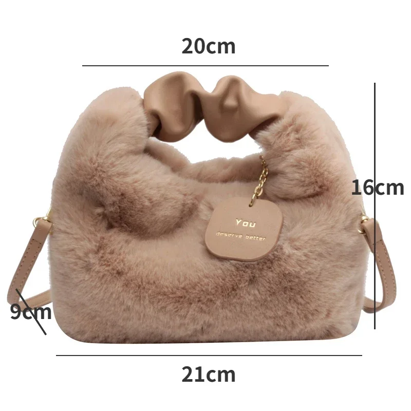 Women Soft Faux Fur Handbags Zipper Small Lady Shoulder Crossbody Bag Casual Tote Half-Moon  Warm Plush Handbag