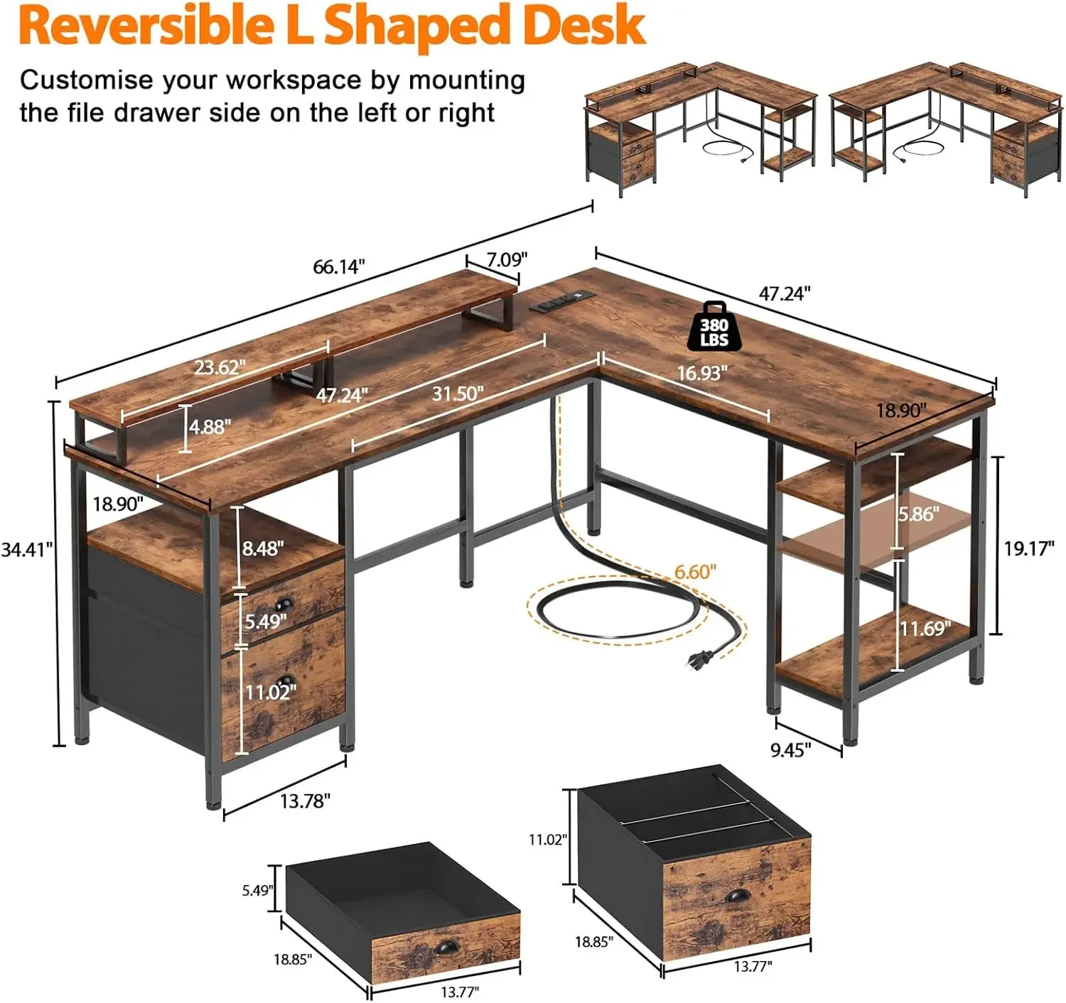66” L Shaped Desk with Power Outlet, Reversible Computer Desk with File Drawer & 2 Monitor Stands, Home Office Desk with Storage