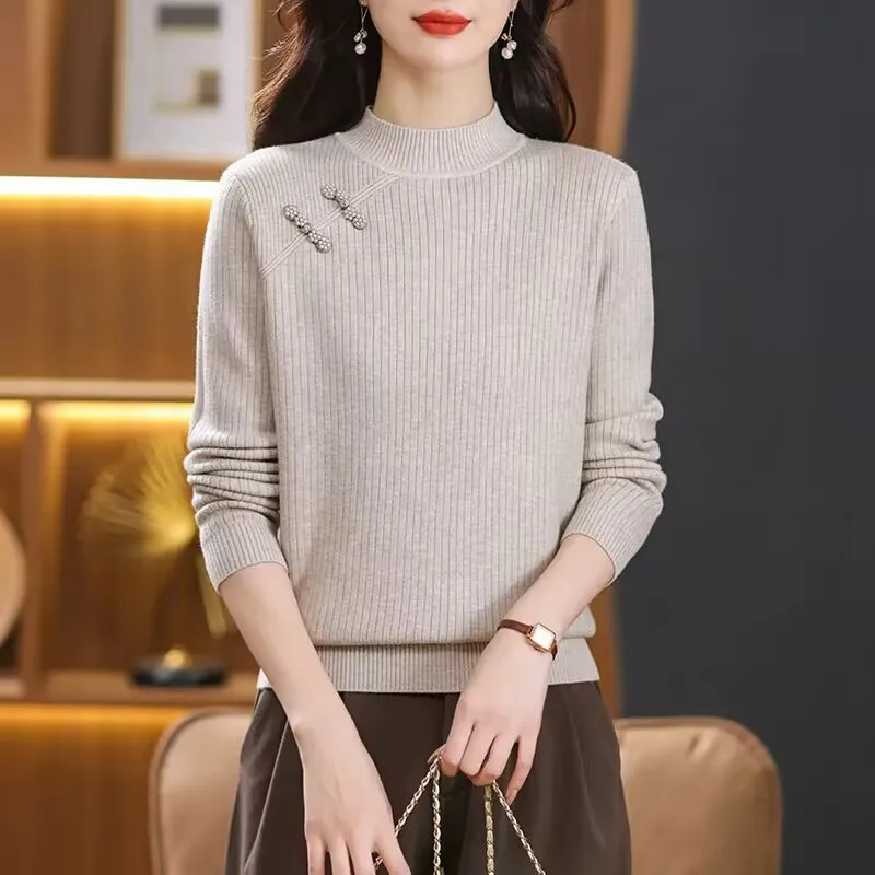 

2025 New Woman Chinese Style Knot Button Sweater Women Autumn Winter Fleece Knitted Sweater Female Fleece Warm Base Sweater