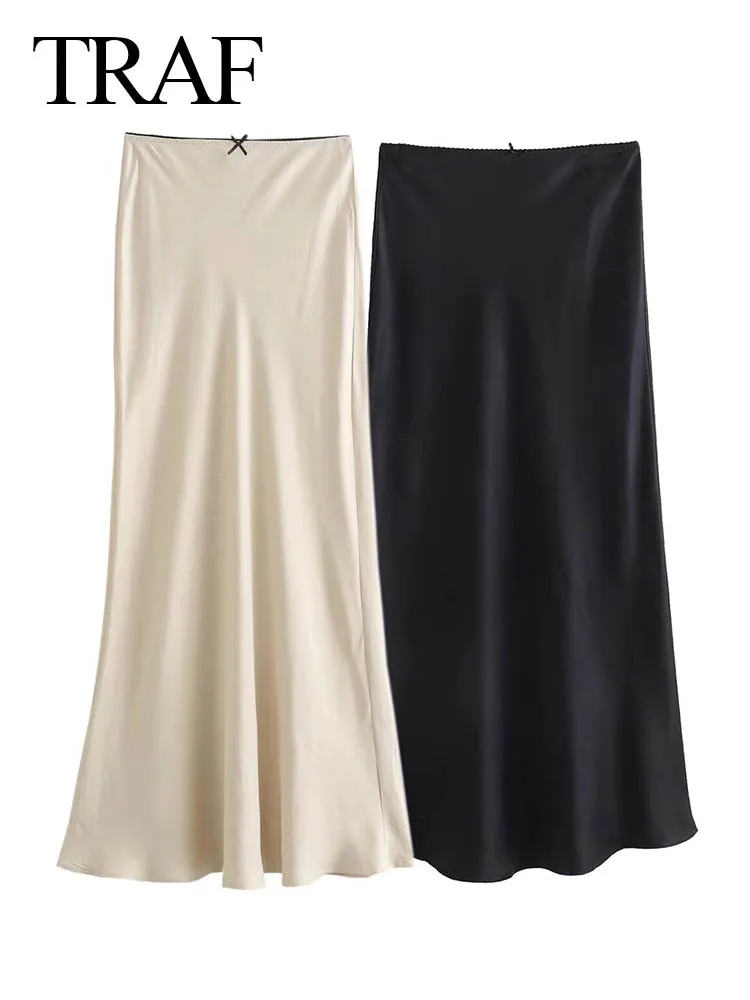 TRAF 2024 Women Satin Skirt High Waist Midi Skirt Stylish Long Skirts For Women Fashion Chic And Elegant Woman Skirt Streetwear