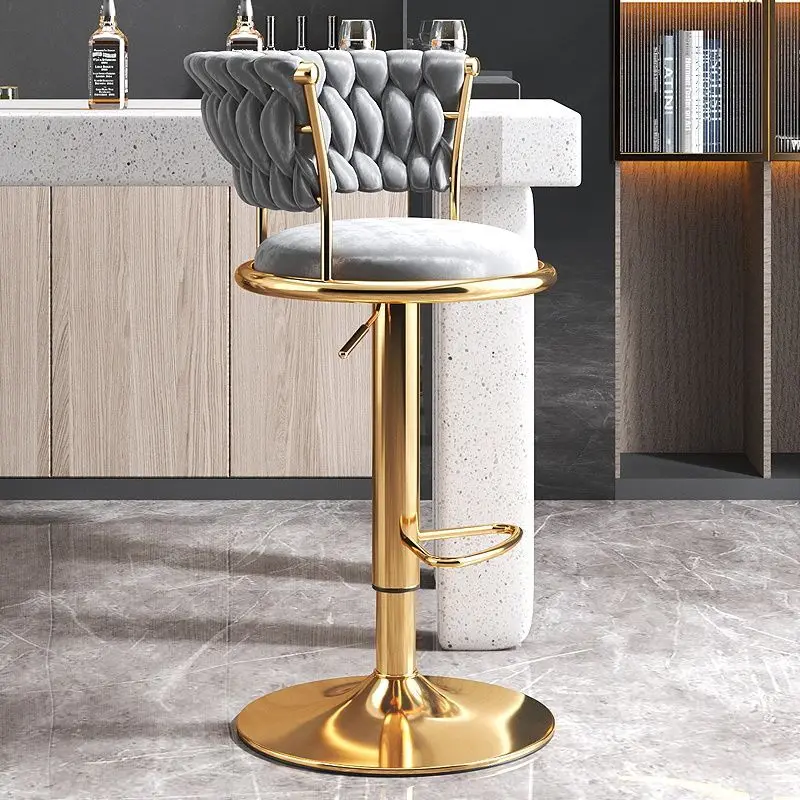 Bar Chair High-End Light Luxury Lift Chair Living Room Stool Fashion Backrest Stool Metal Material Swivel Chair Suede Cushion