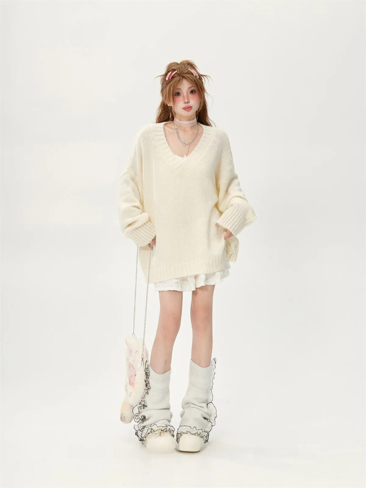 Ladies' V-neck Knitwear Milk White Lazy Style Outerwear College Style Small Size Female Sweater Comfortable Loose Fit Long Sl...