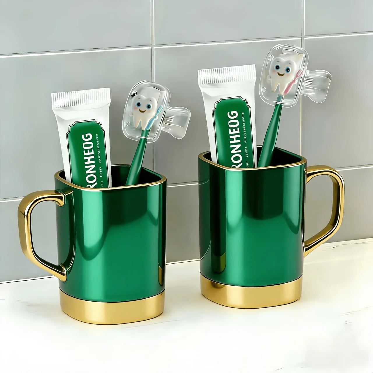2pcs Cartoon Tooth Toothbrush Holder Set Portable Toothbrush Clip Protective Cover Stylish Storage Gifts for Home Friends Couple