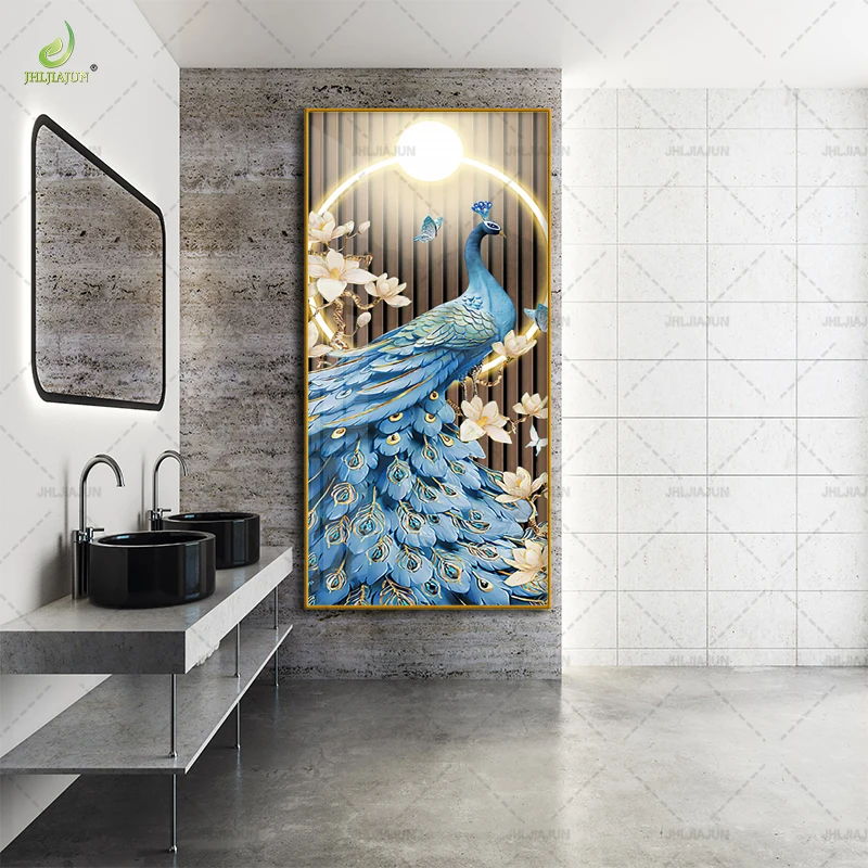 Luxury new gold frame peacock animal graphic living room crystal porcelain mural home decoration LED wall art