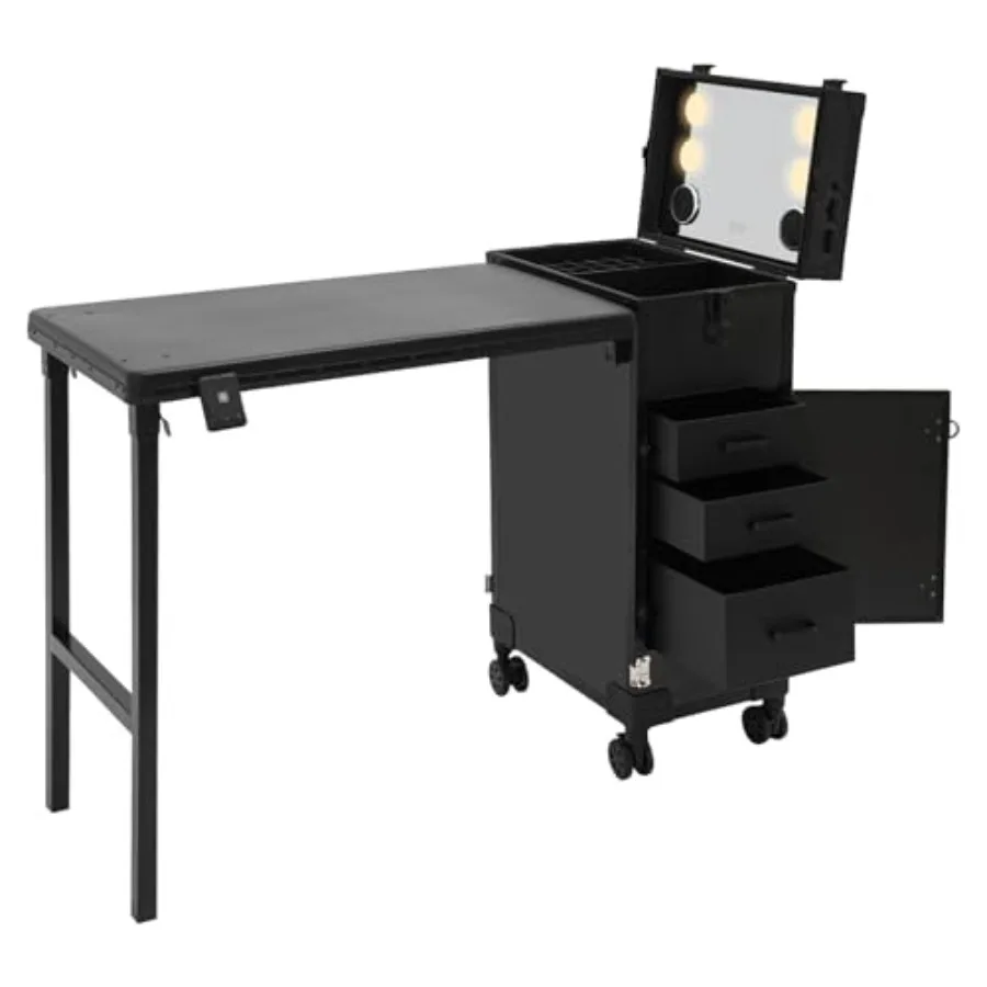 

Professional rolling makeup case for salon use, ABS plastic, black, foldable with 3 drawers and adjustable lighted mirror for p