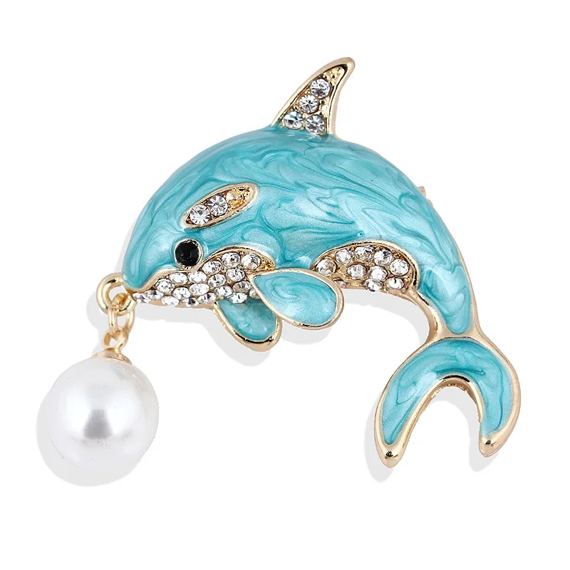 Cute Rhinestone Pearl Enamel Dolphin Brooches For Women Unisex Elegant Sea Fish Animal Brooch Pins Party Casual Jewelry Gifts