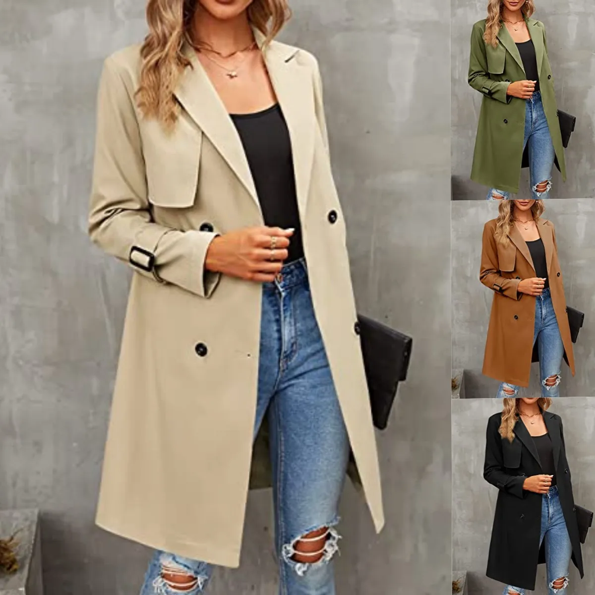 

Women's windbreaker slim fitting coat 2023autumn and winter new women's double-breasted trench coat classic lapel coat slim coat