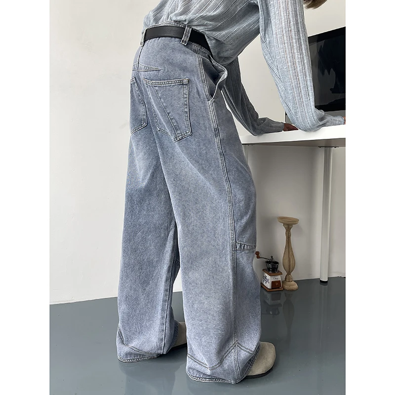 

Мужские джинсы, осенняя мода 2024, свободные синие потертые джинсовые брюки с морщинами до колена, задний карман, лоскутный дизайн, джинсовые брюки