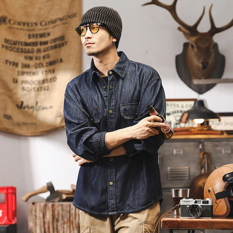 American retro bright line original color denim shirt men spring 2025 new workwear long sleeve shirt jacket men