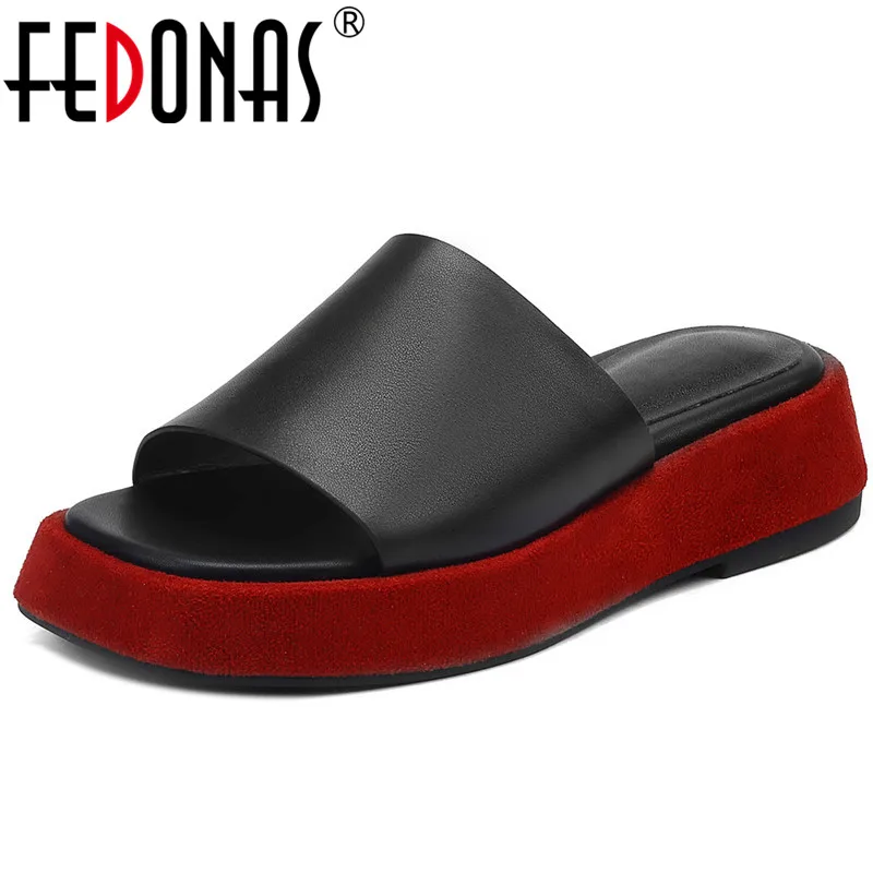 Fedonas Vrouwen Sandalen Lente Zomer Hoge Kwaliteit Lederen Slippers Flats Platforms Mode Beknopte Casual Schoenen Vrouw