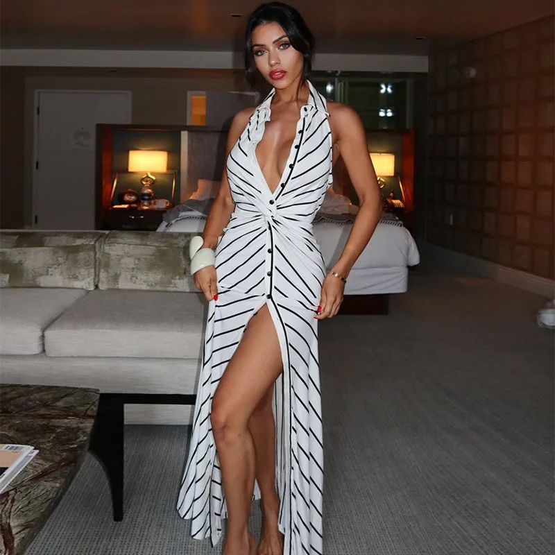 

Elegant Striped Print Dress Female Neck V-neck Kink High Waist Backless Sexy Dress Long Skirts