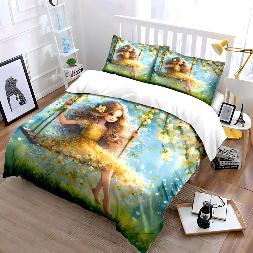 Girl on swing in spring Print Bedding Set 1 Duvet Cover 2 Pillowcases for Adult and Children Luxury Gift Full Size