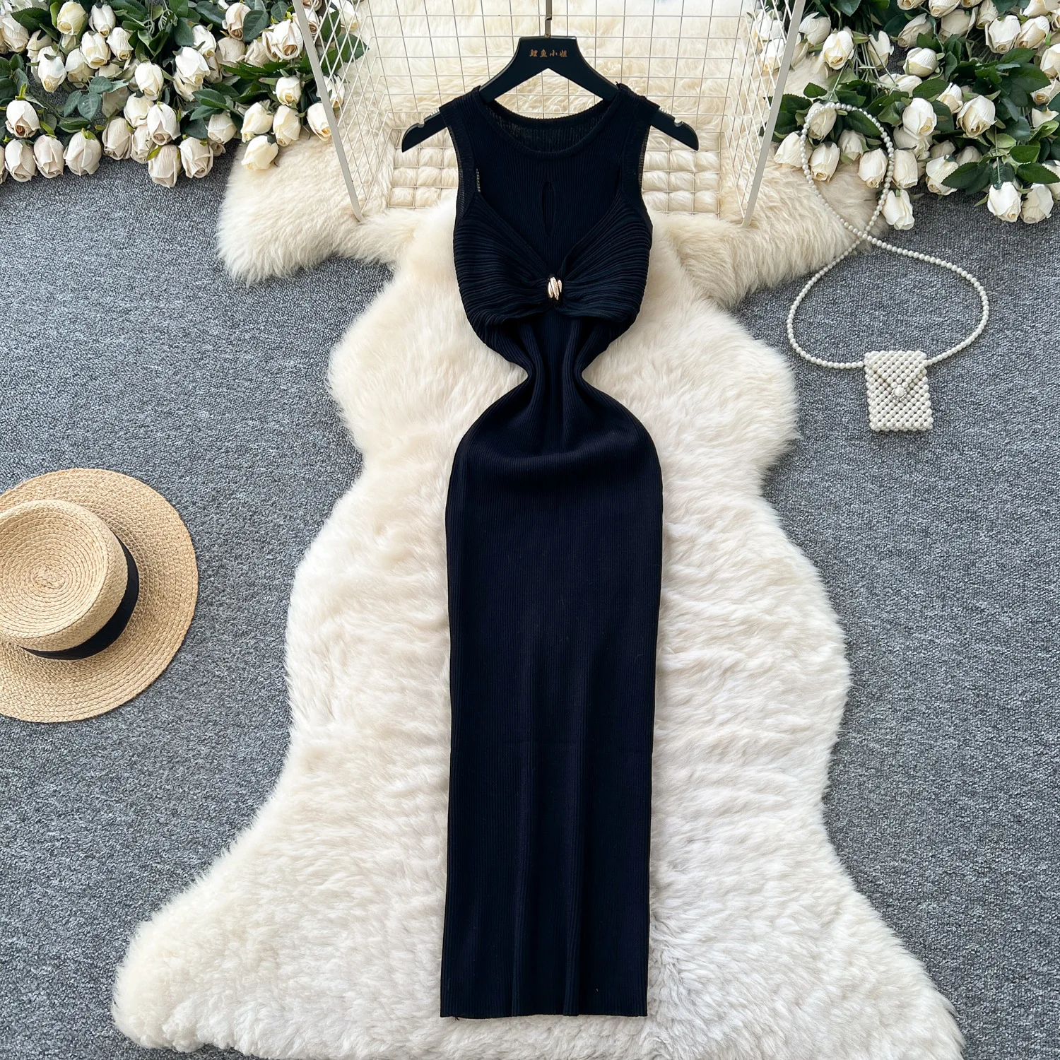 Frauen Gestrickte Kleider, Figurbetontes Kleid Y2k Knöchellänge Ärmellos Rundkragen Raffen Ausschnitt Vestidos Lässig Elegant 2025, Herbst