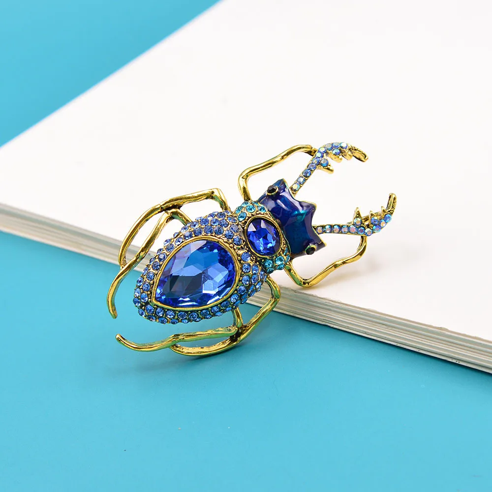 Vintage Punk Blue Crystal Beetle Brooches For Woman Man Fashion Creative Insect Rhinestone Pin Dress Suit Coat Jewelry Accessory image 4