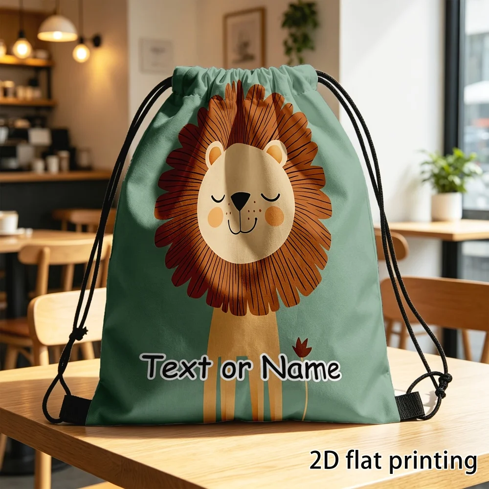 1Pc Lion Face Pattern Custom Text/Name Drawstring Bag, Lightweight Travel Sports Bags Gym Sack Storage Backpack, Unique Present