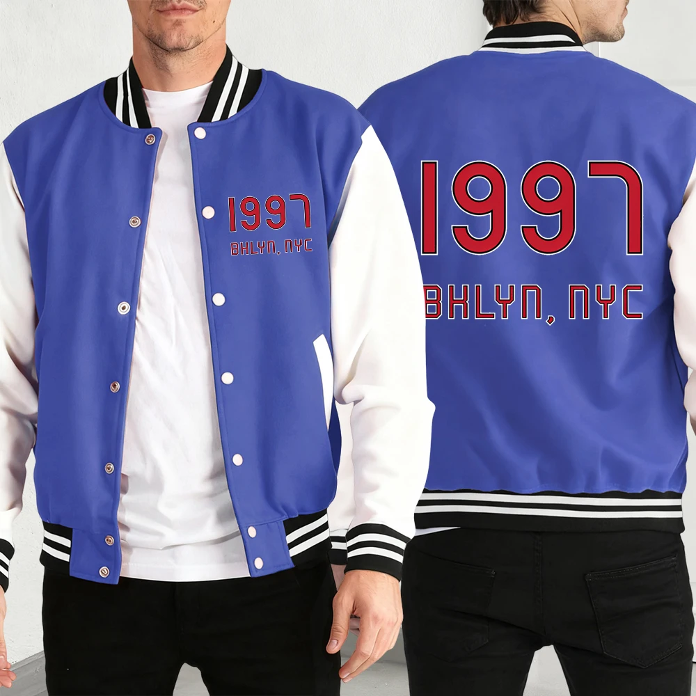 

1997 Bhlyn New York City Print Baseball Jersey Male Trendy Button Top Retro Loose Jacket Man Autumn Warm Fleece Soft Clothing