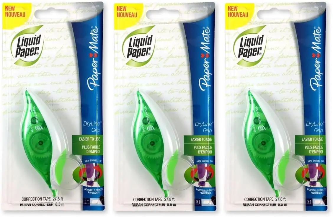 

Dry Correction Tape, 3-Pack, 1/5" x 27.8 ft, White, Applies Dry, Rewrite Instantly, Swivel Tip