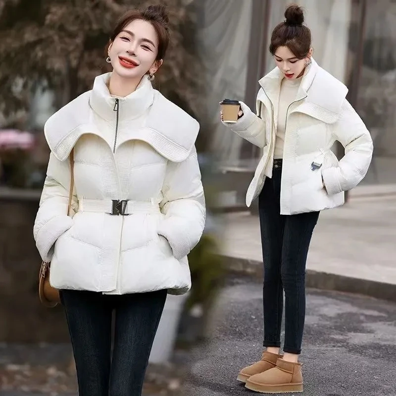 المرأة طوق الضأن المرقعة معطف منتفخ 2025 شتاء جديد قصير أسفل القطن ملابس خارجية طويلة الأكمام الدافئة الخصر سترة بسحاب عادية #4