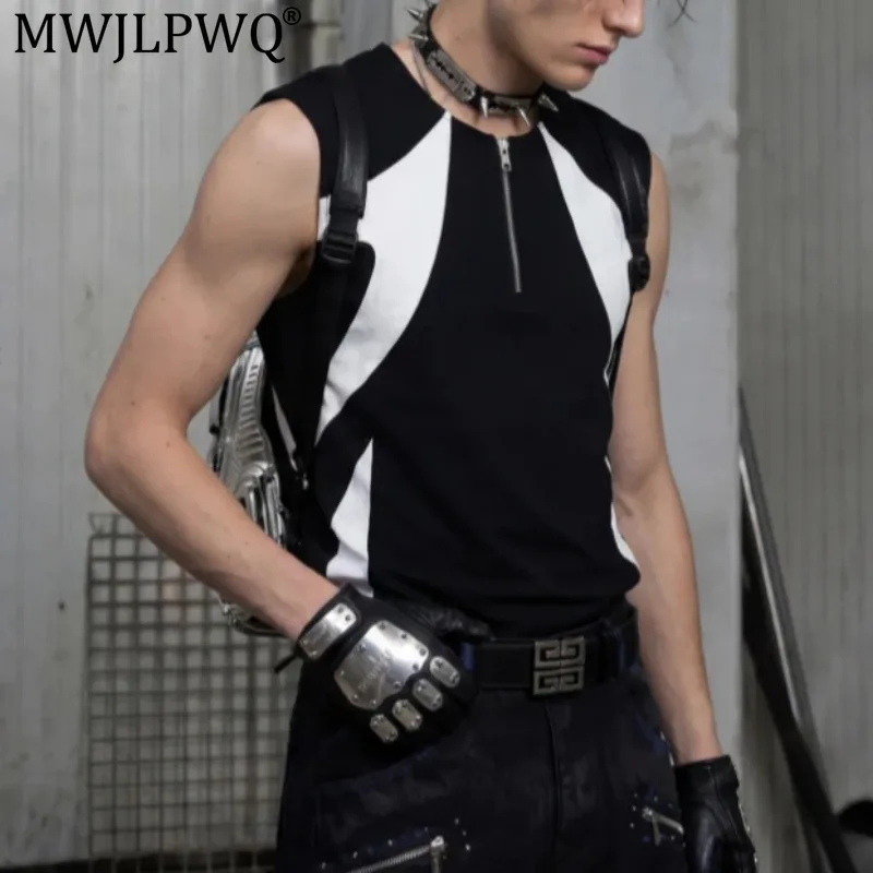 MWJLPWQ Street-Style Vest Black White Color Blocking Sleeveless American Functional Style Zipper Design Autumn New Tops 20501