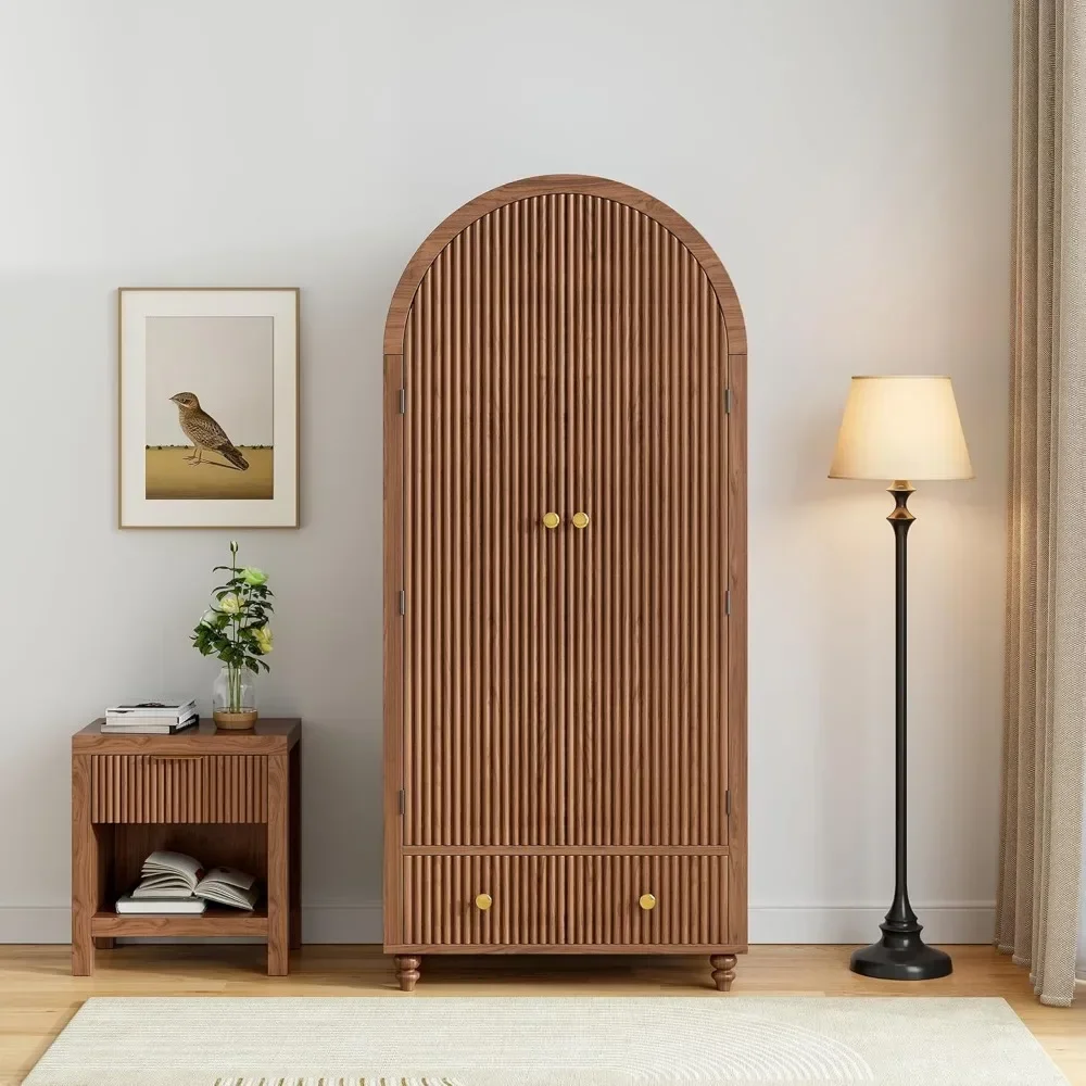YQXH Mid-Century Arched Wooden Wardrobe, Modern Stylish Storage Cabinet, Bedroom Freestanding Closet Organizer