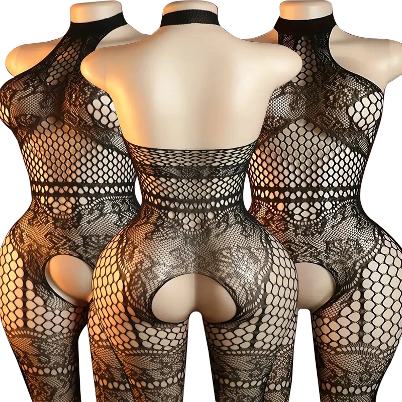 

Sexy Halter Backless Teddies Bodysuit Erotic Open Crotch Lingerie Women Fishnet Hollow Bodystockings Mesh Floral Teddy Bodysuits