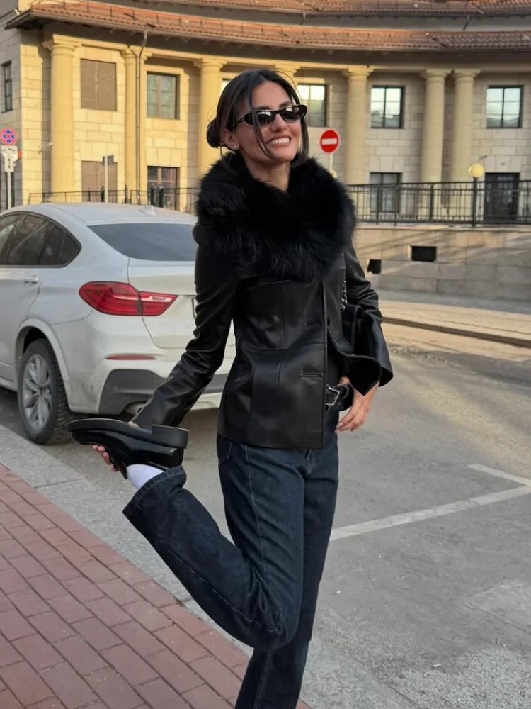Faux Fur Collar Pu Leather Jacket Large Single‑breasted Slim Fit Long Sleeve Coat Winter Warm Fashion 2026 New Lady Outerwear