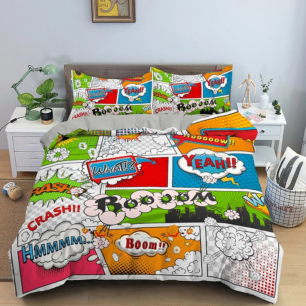 Comic Pattern Duvet Cover Queen King Cartoon Bedding Set for Kids Boys Girls Hippie Hip Hop Rock Style Polyester Comforter Cover