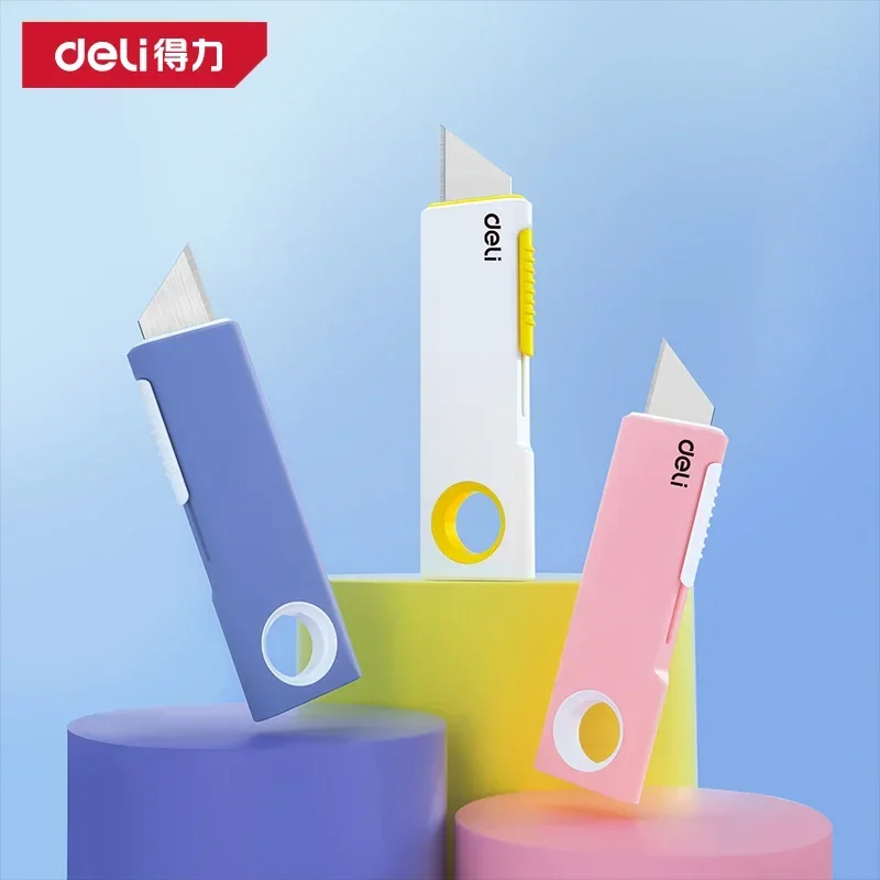 Deli Home-Mini cuchillo de utilidad de retracción automática, cortadores de caja de bolsillo pequeños con bloqueo automático frontal, suministros de papelería escolar para arte Couteau